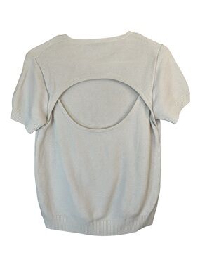 Carven Cut Out Back Minimalist Honeycomb Short Sleeve Knit Sweater - Cream